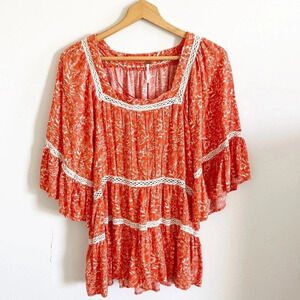 Free people coral floral print Flowy bell sleeve tunic top